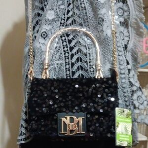 Elegant Badgley Mischka Blk Sequin Shoulder Bag Detachable Chain Link Strap NWT